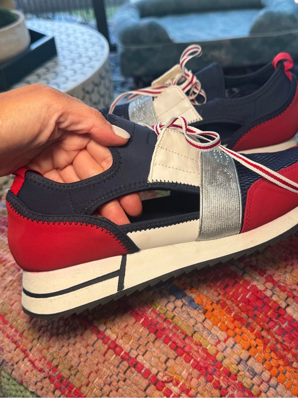 ❤️💙 bebe Red Navy Silver Lace-Up Slip-On Sneakers with rhinestone detail 💙❤️ - Picture 6 of 8